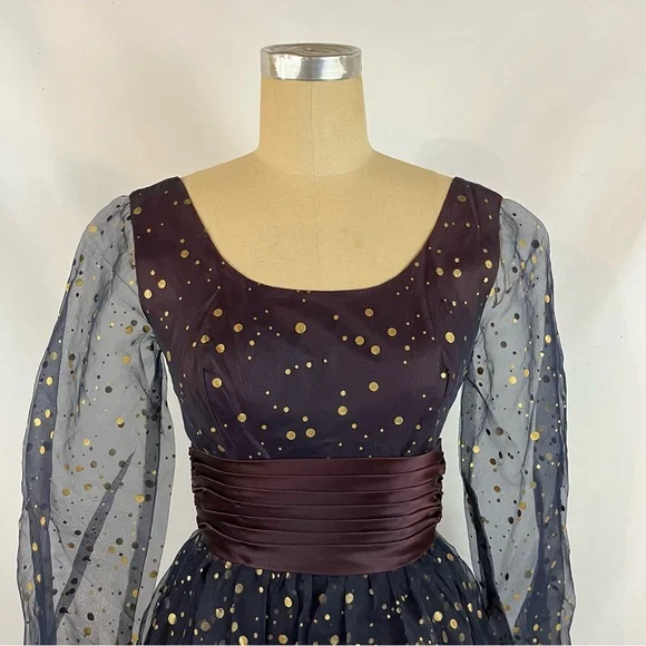 Vintage 50s Maxi Dress Navy & Gold Polka Dot Formal Gown XS/S - Picture 2 of 13